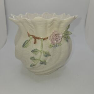 Belleek Ireland Floral Rose Vase Cache Pot Scalloped Rim 4.5”